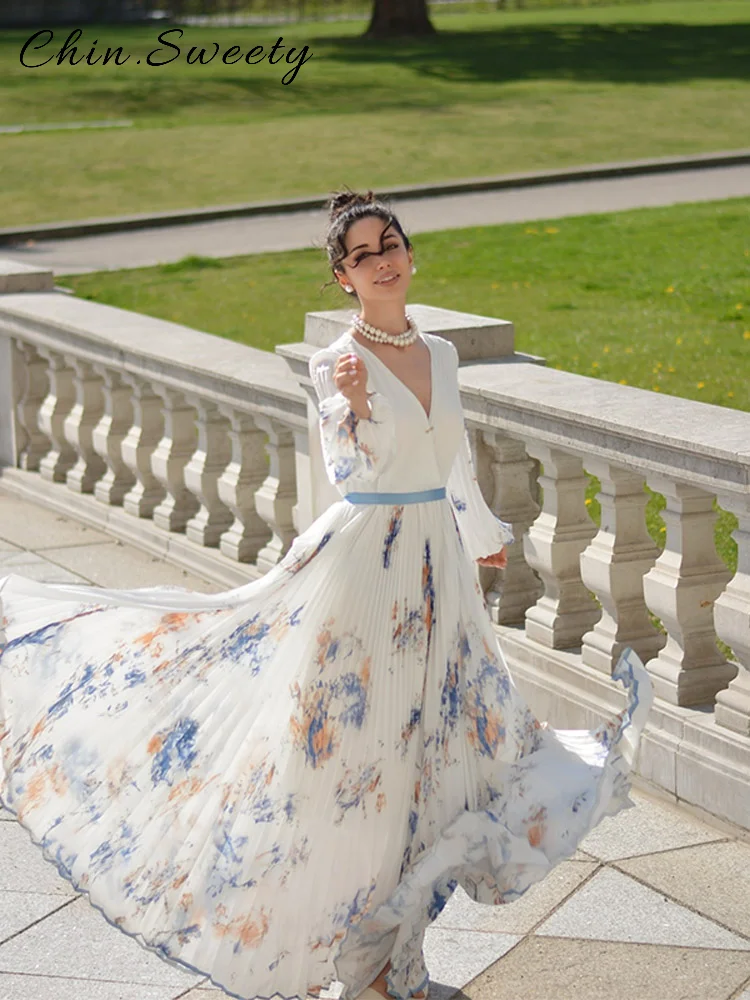 Elegant Printed Long Pleated Dress Women Deep V-neck Full Sleeve Ruched Dresses Female 2025 Summer Lady Vacation Holiday Robes