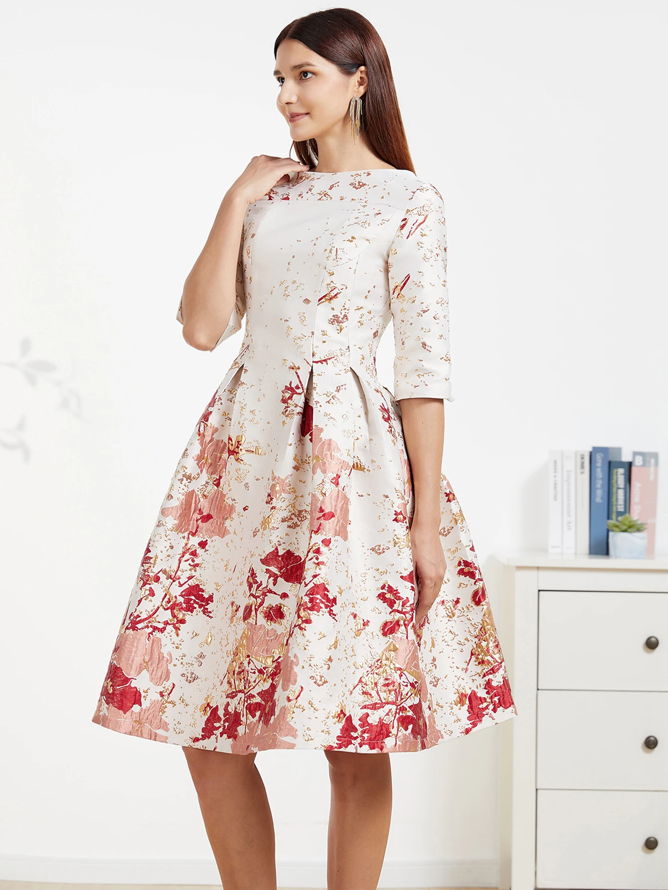 DEVCHATA-Robe Jacquard de Luxe Mi-Longue pour Femme, Tenue de Soirée Florale, Col Rond, Formelle, Éducative, à la Mode, Nouvelle Collection Printemps