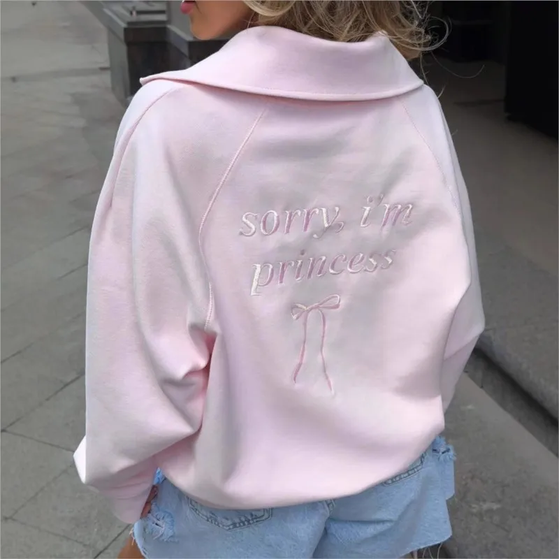

2025 Fashion Letter Embroidered Half Zipper Pink Hoodie Women's New Fashion Loose Casual Long Sleeve Top Female Clothes