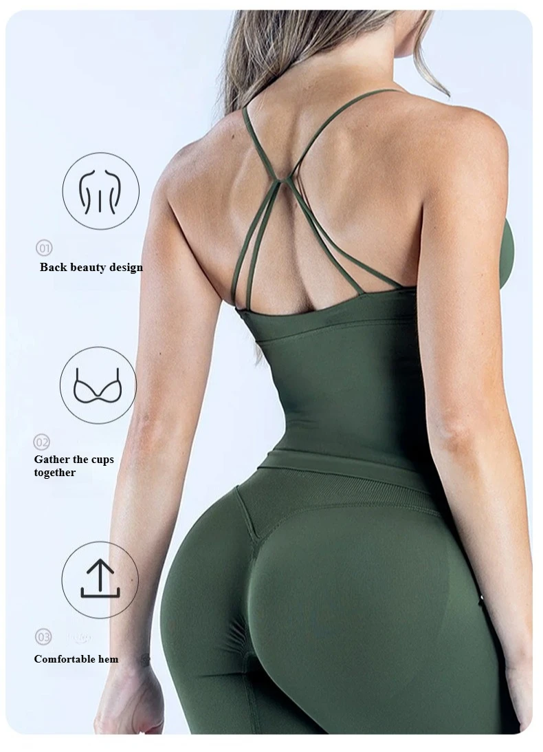 Nahtloses, gepolstertes Sport-Top für Damen mit überkreuzten Trägern, sexy rückenfreies Yoga-Top, hochelastisches Camisole-Oberteil für Sommer, Laufen, Fitness und Workout – Detail 4