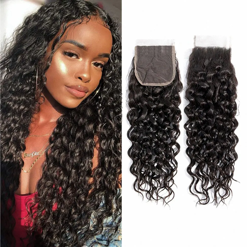 

Deep Wave Closure Brazilian Remy Human Hair 4x4 Lace Closure Pre-Plucked with Baby Hair Natural Black Deep Curly Closures Only