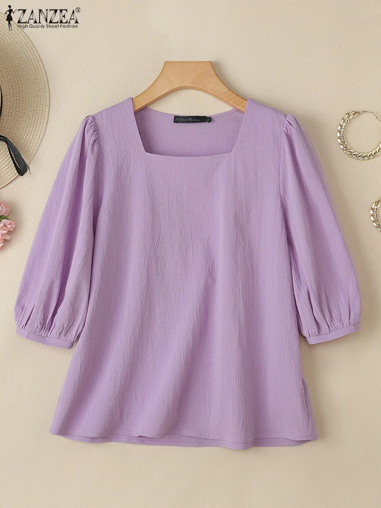 

ZANZEA Summer Elegant Square Neck Work Shirt Office Women Blouse 2025 Fashion Short Puff Sleeve O Neck Blusas Solid Tops Tunic