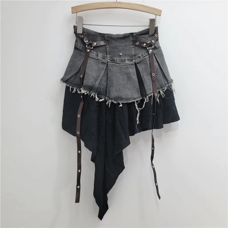 Retro Women Patchwork Irregular Pleated Denim Skirt Spicy Girl High Waist A-line Short Ruffles Skirt Jeans PU Ribbons Faldas