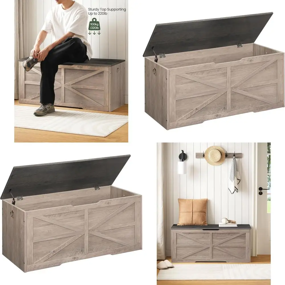 Retro Farmhouse Wooden Storage Chest, Charcoal Gray and Greige, Bedroom Living Room Toy Box with Safety Hinge