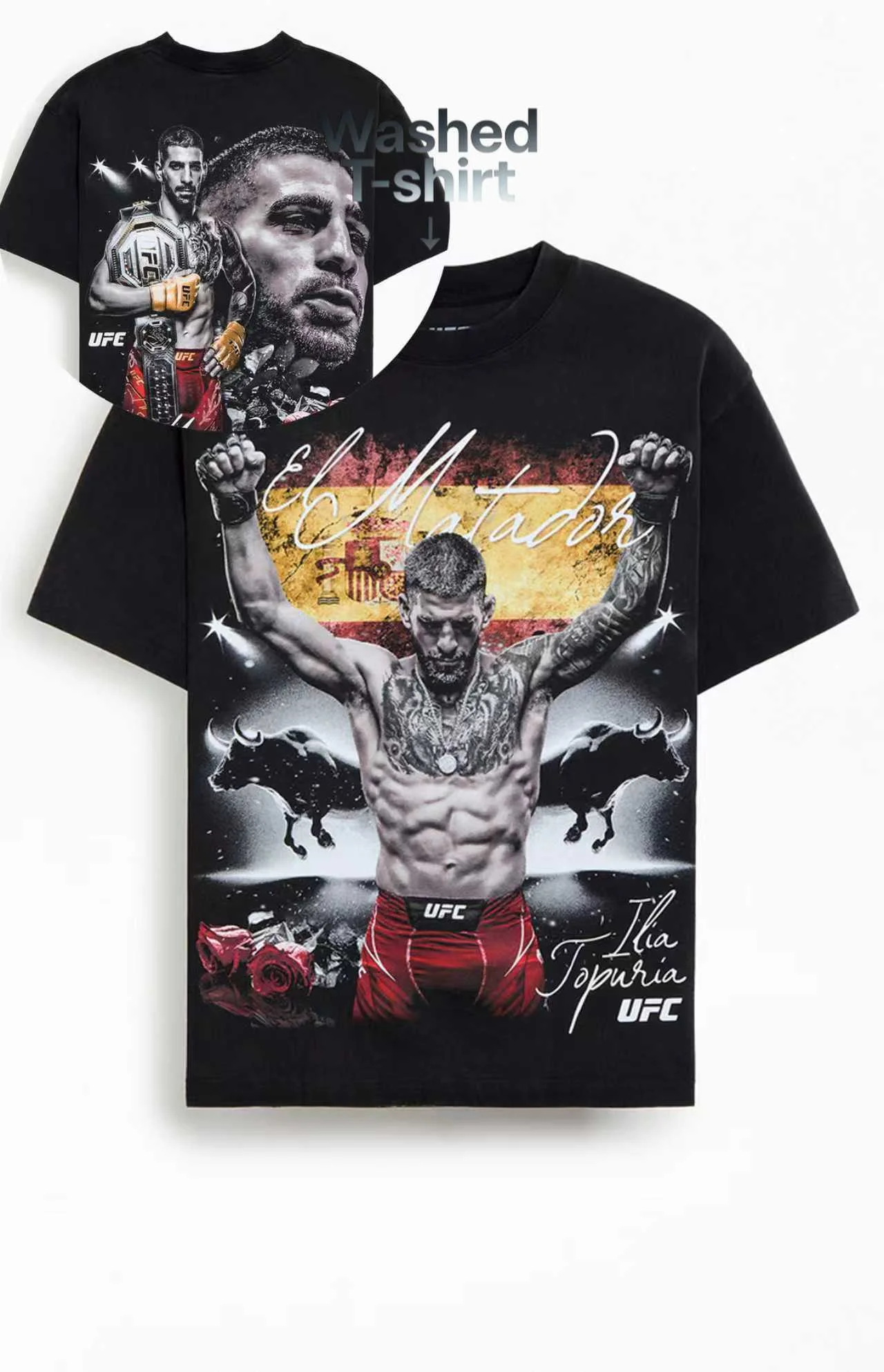 

2026 Summer UFC Ilia Topuria Bully Washed T-shirt Unisex Vintage Short Sleeve Oversized Boxing Tattoo Print Signature Women Tee