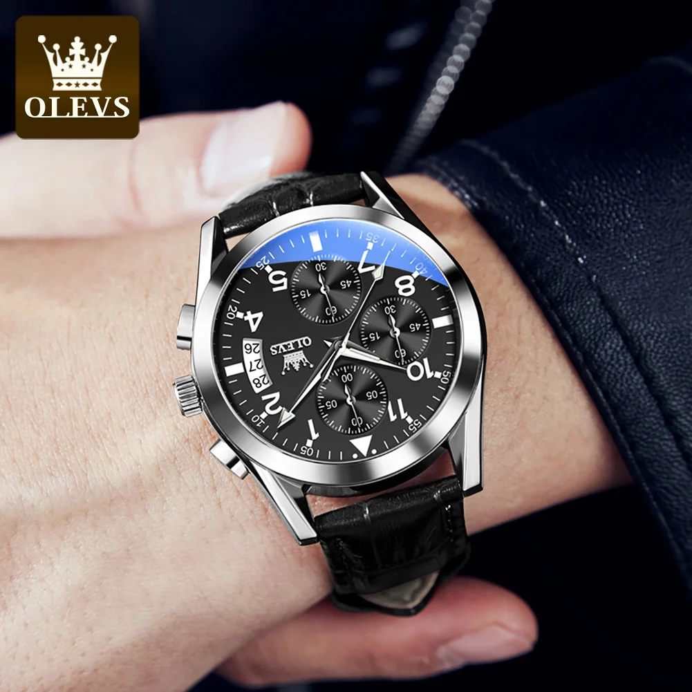 OLEVS Quartz Watch for Men Original Leather Strap Date Display Waterproof Luminous Business Casual Quartz Men Watch Top Brand