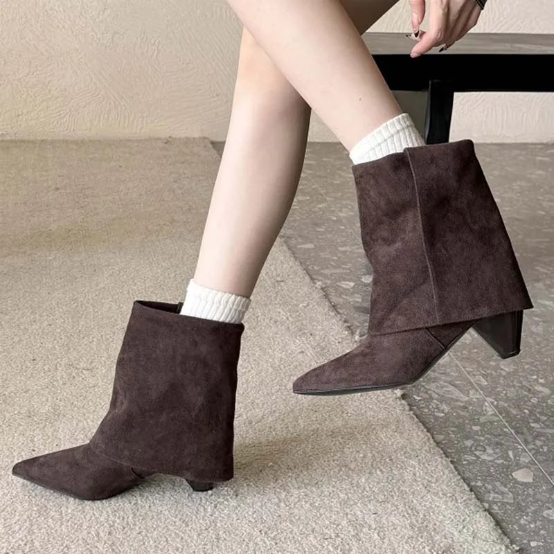 Aneikeh New Black Booties Suede Look Short Boots Solid Elegant Pointed Toe Ankle Boots Thin High Heel Casual Slip-On Shoes