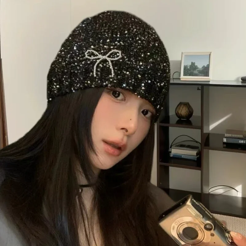 Korean Designer Y2k Shiny Cold Cool Street Sequined Knit Hat Spring Summer Girl Glitter Fashion Knitted Bag Head Beanie Hat