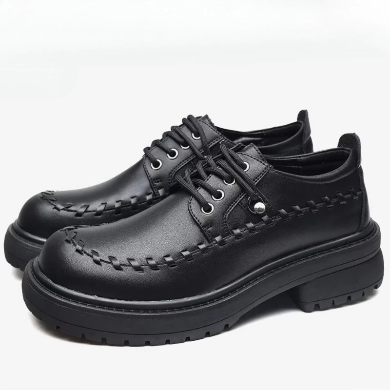 

Черные модные мужские туфли дерби на танкетке из плетеной воловьей кожи, дышащие, удобные, на толстой подошве, повседневные кожаные туфли