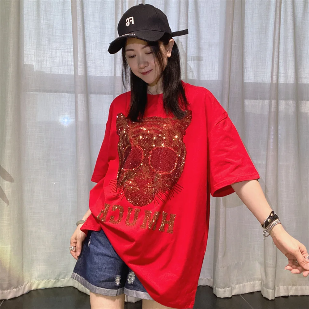 Plus Size Short Sleeve Tees Women Summer Clothing Cartoon Tiger Pattern Diamonds Casual Loose O Neck T Shirt Knitwear Camisetas