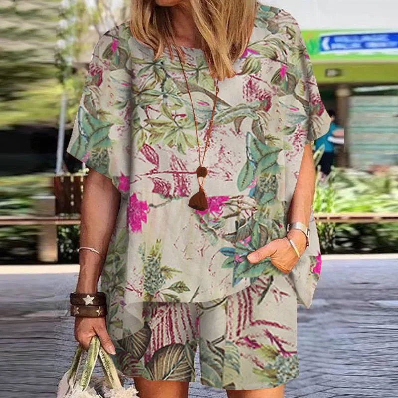 Fashion Vintage Flower Print Short Sets Women Casual Loose Short Sleeves T Shirt Shorts Two Piece Set Lady Summer Commuting Suit