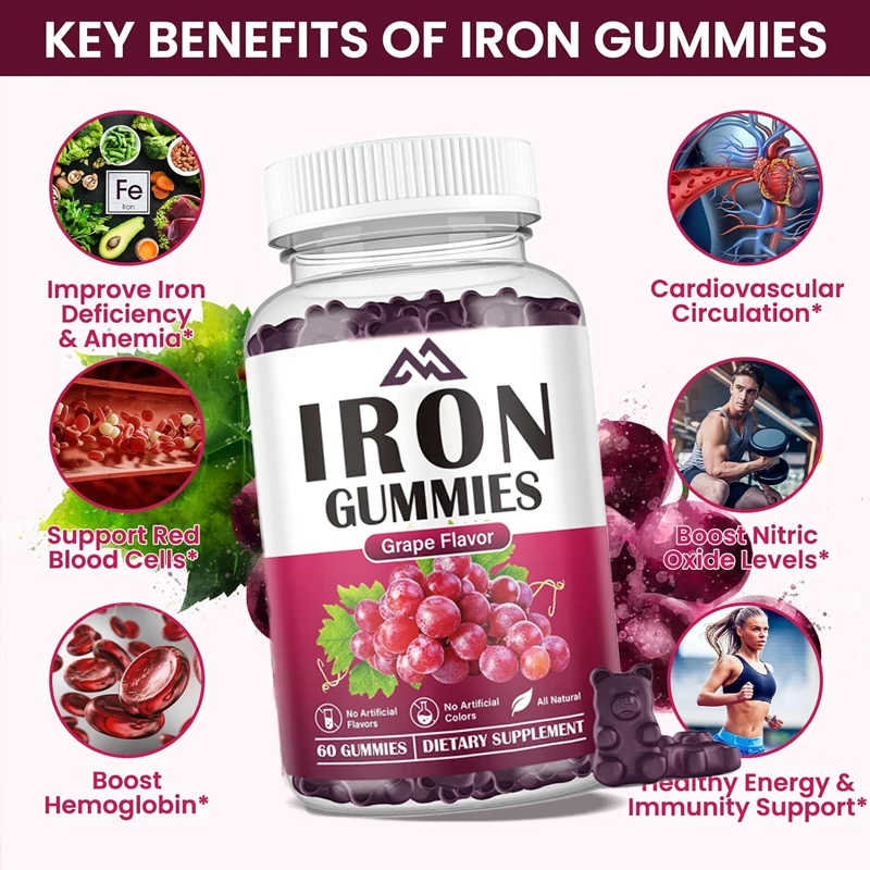 Iron supplements for women and men, containing vitamin C,B12, folate hematopoietic agents, and iron deficiency energy 60 gummies