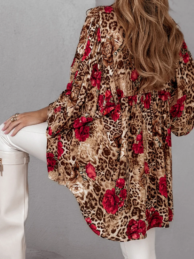 

Autumn New Floral Printed Blouse Casual V-neck Loose Soft Leopard Printed Shirts Elegant Lady Long Sleeve Pleated Commute Tops