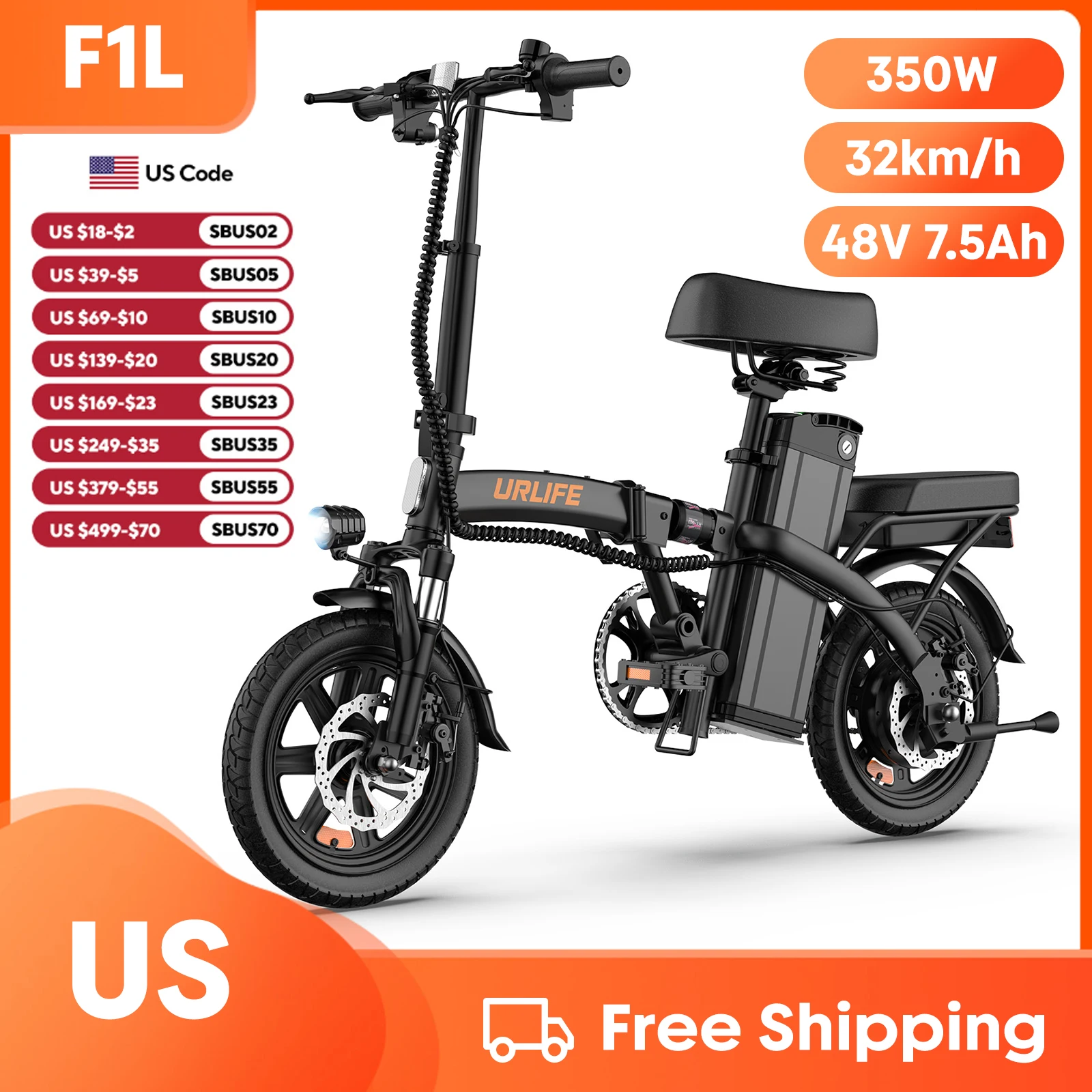 Electric Bicycle 14" Foldable Electric Bike 500W Peak Motor 48V 7.5Ah Battery Front Mid Suspension Portable E-bike F1L