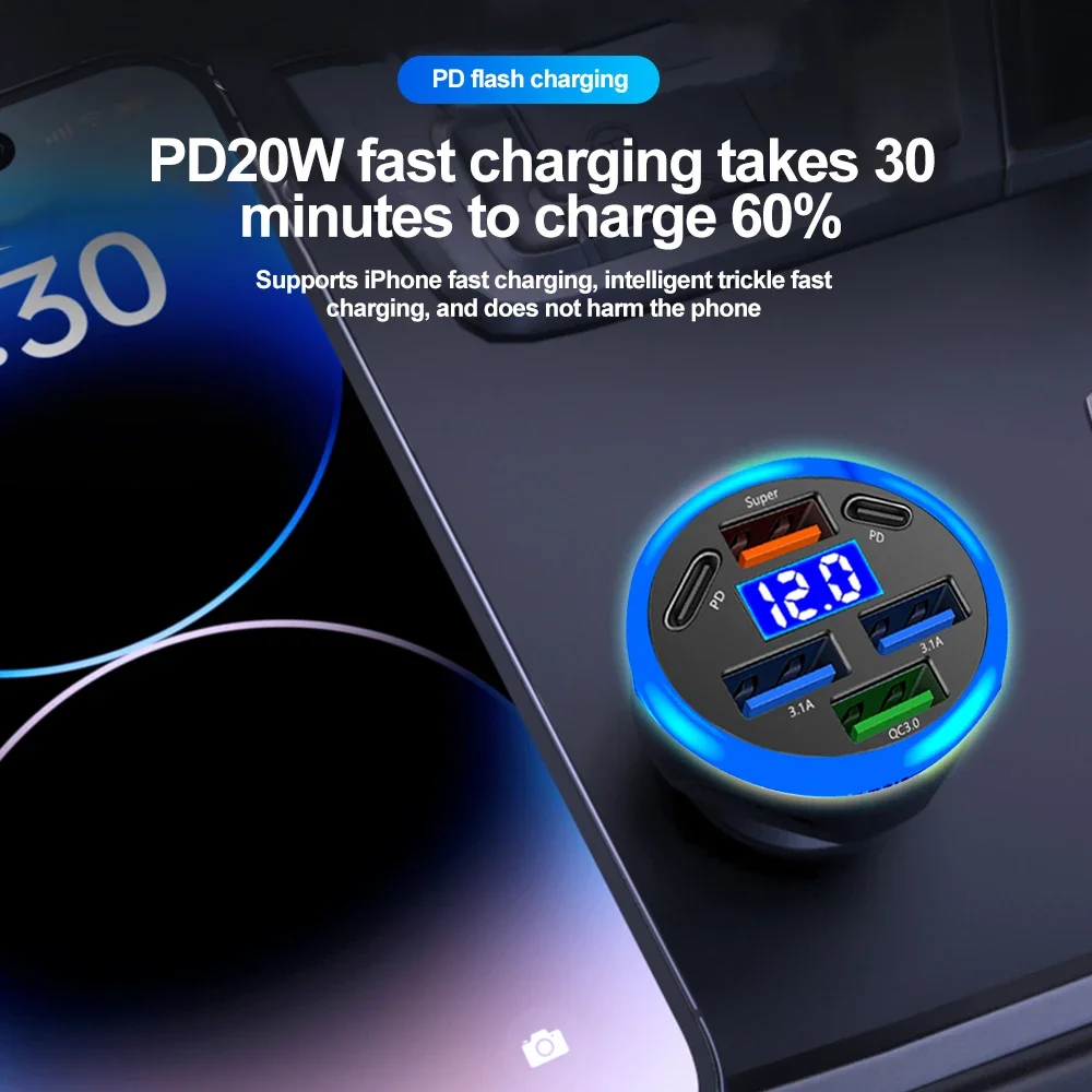 6 in 1 USB C Car Phone Charger Adapter with Voltage Display Dual PD Super Fast for iPhone 15 Pro max OPPO Samsung Huawei