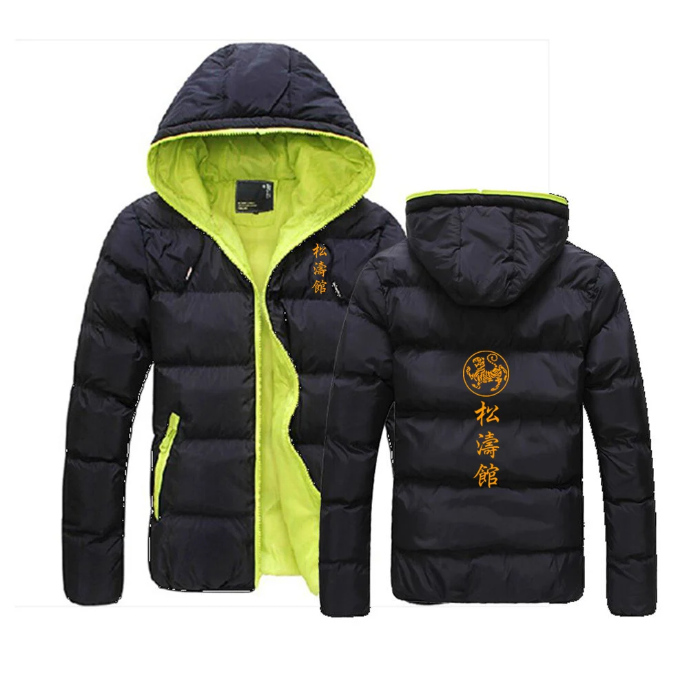 

2024 Autumn Winter Men's Shotokan Karate Logo Printing Fashion Color Collision Design Hooded Comfortable Casual Warm Down Jacket
