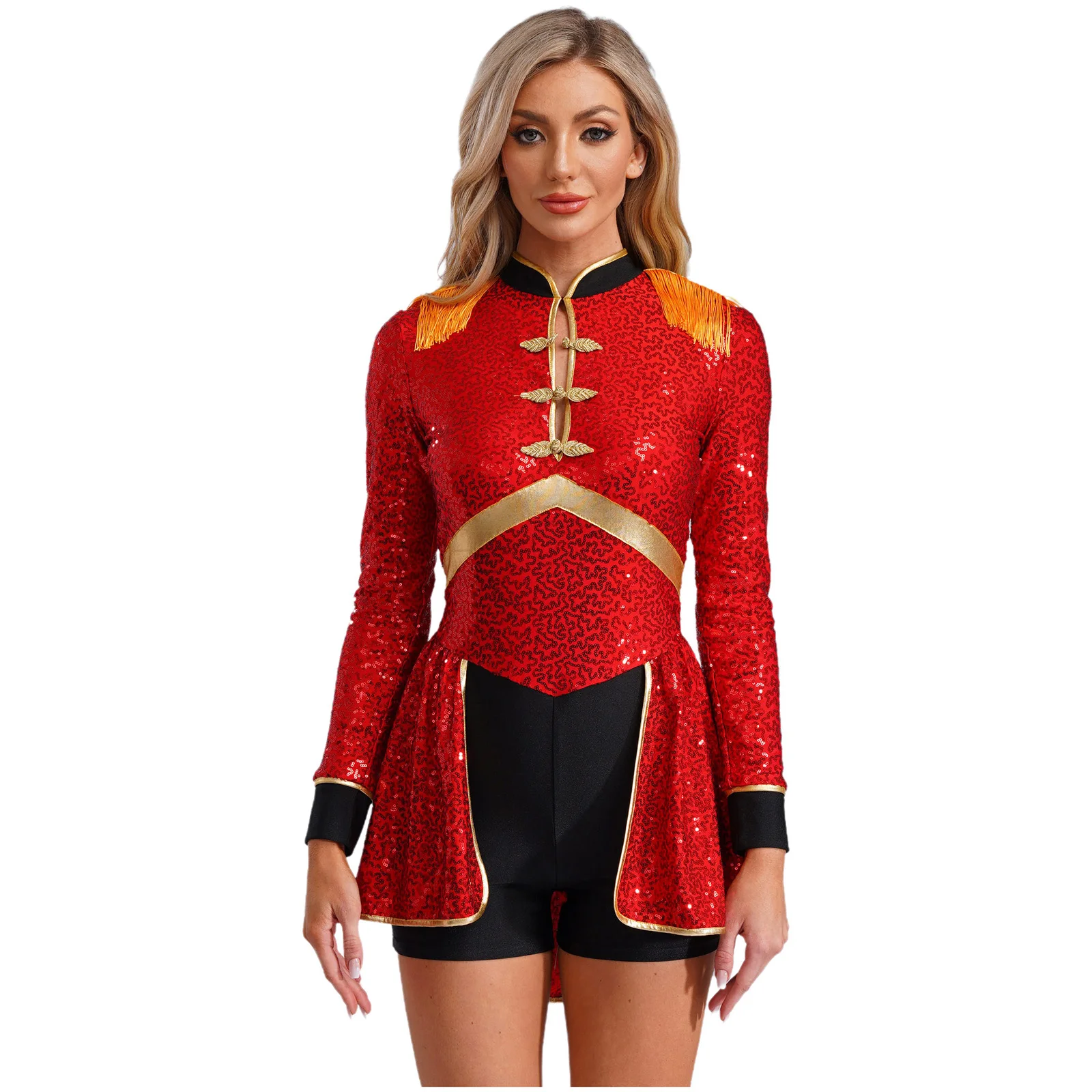 Womens Circus Ringmaster Costume Halloween Carnival Theme Party Role Play Magic Jumpsuit Long Sleeve Fringed Drummer Bodysuit