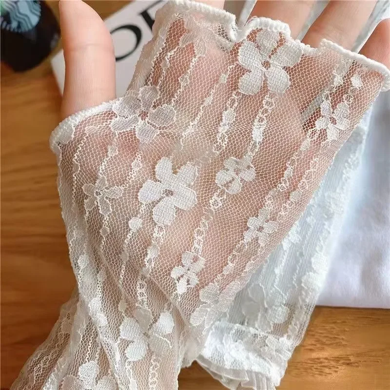 Elegant Women Floral Lace Mesh Ultra-Thin Long Summer Driving Cycling Lady Sexy Black Sunscreen Gloves Anti-UV Elasticity Gloves