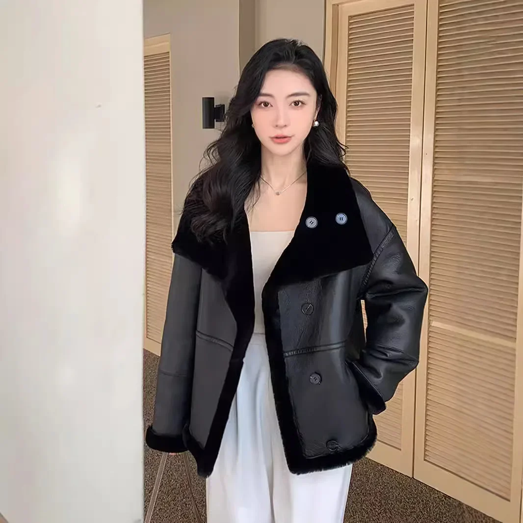 Winter Hot Sale Real Wool Fur Integrated Sheepskin Coat Women\'s Medium and Long Slim Black Genuine Leather Jacket Women Clothes