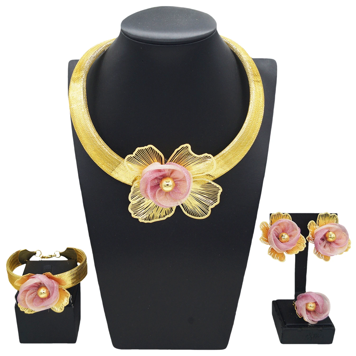 New In Personality Trendy 24K Gold-plate Big Flower Necklace for Women Wedding Minimalist Fashionable Flower Earring Jewelry Set