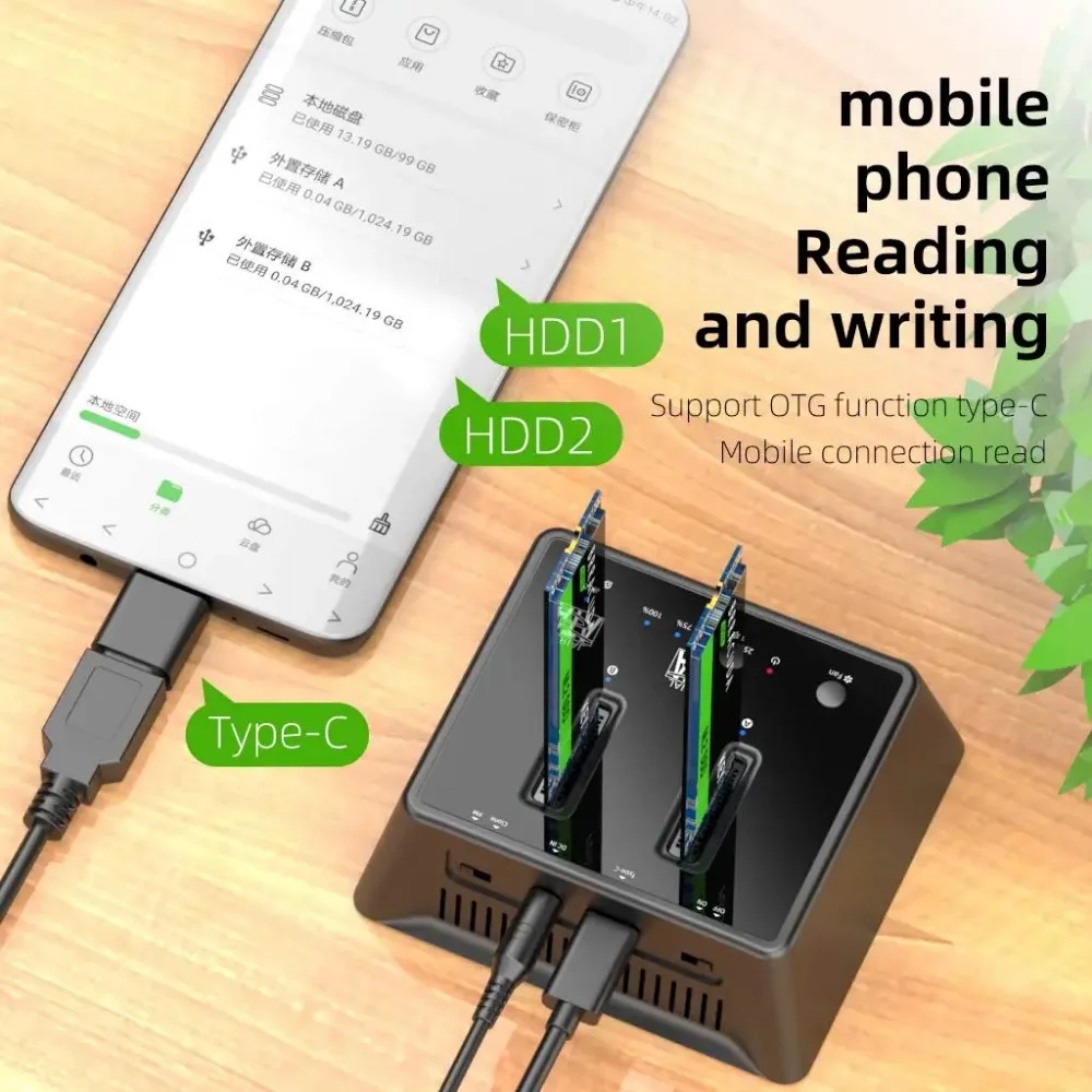 MAIWO Dual Bay M.2 NGFF SSD Enclosure Offline Clone Type-C for M Key M/B Key STAT PCIe SSD Type-C Hard Drive Reader with Fan