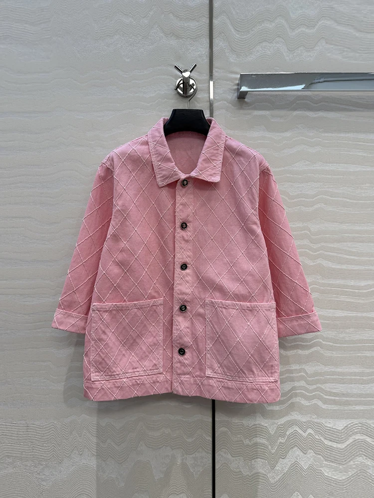 Spring Autumn Fashion Pink Sewing  Simplicity Casual Cowboy Jacket Women's Turn-down Collar Single Breasted Long Sleeve Jacket