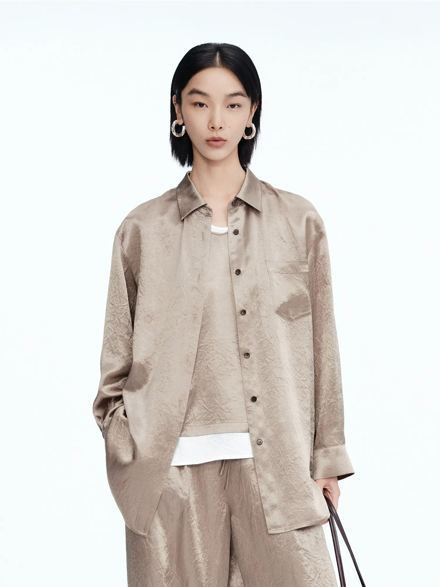 Camisa de Seda Elegante y Sencilla de Color Puro, Manga Larga, Nueva Temporada de Primavera, Acetato de Alto Brillo, Blusa de Moda Casual de Negocios para Mujer