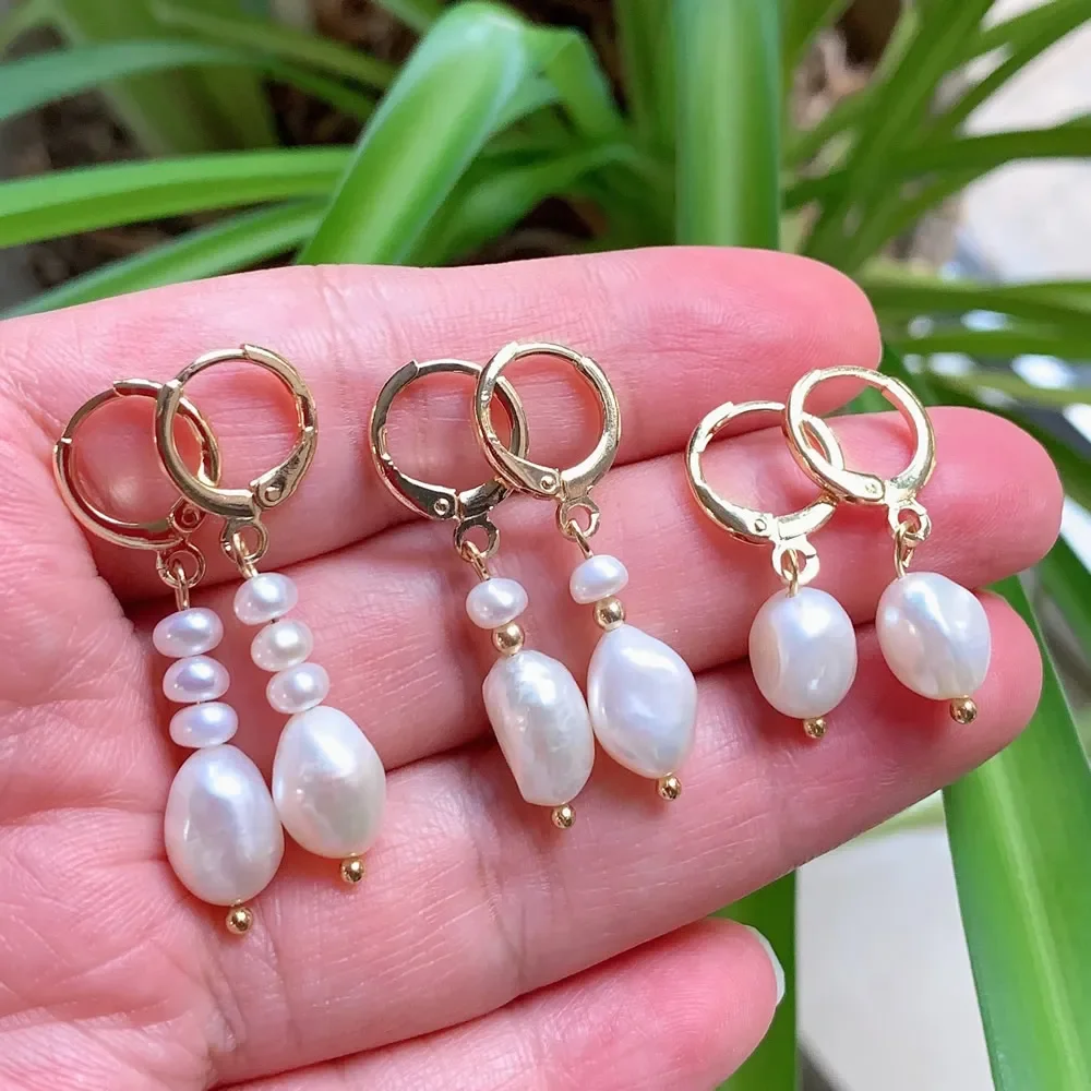 Gold Color Natural Freshwater Pearl Drop Earrings Irregular Baroque Pearl Tassel Pendulum Charm Small Loop Huggie Pearl Earring