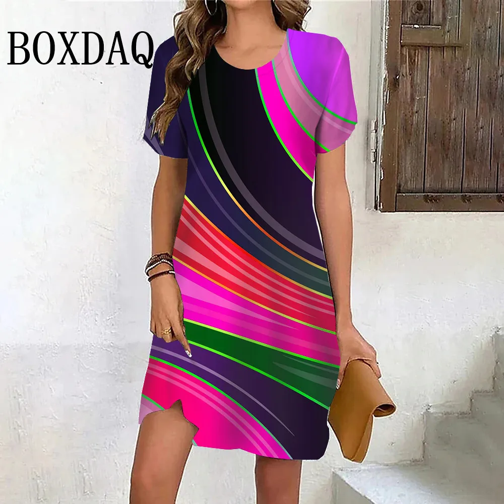 Rainbow Gradient Stripes Dress Women Fashion Elegant Casual Street Short Sleeve Loose Dress Summer Pullover Ladies A-Line Dress