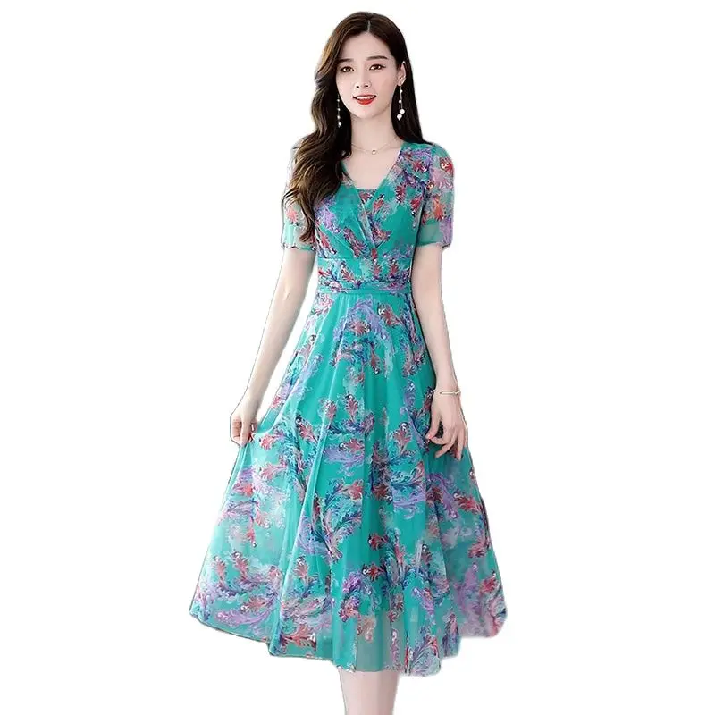 New High-grade Loose Slim Elegant Fairy Skirt Floral Fashion Temperament Western Age Slimming Summer Ladies Short Sleeve Dress