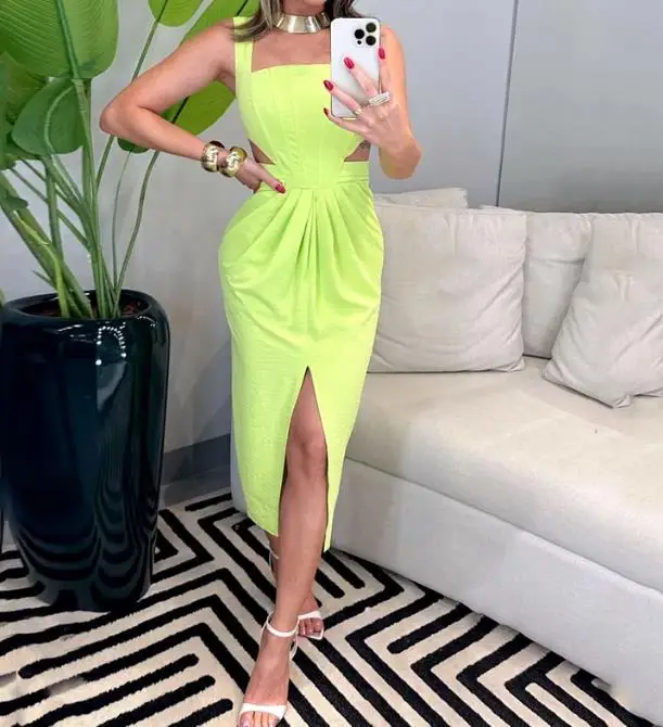 

Maxi Dress for Women Summer Elegant Solid Color Square Neck Sleeveless Pleated Slim Fit High Waist Hollow Out Bodycon Dress