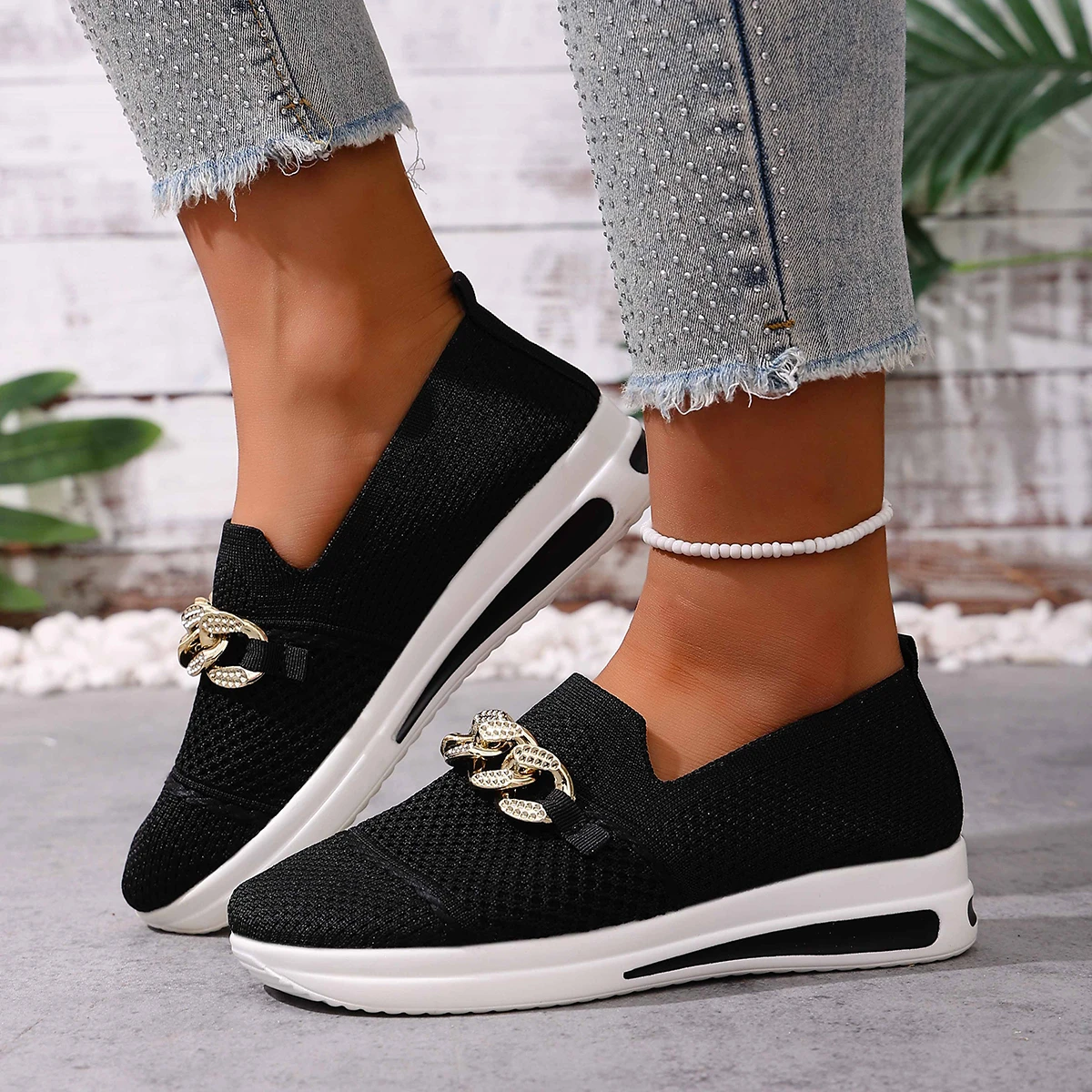 Women Sneakers Flat Hollow Out Chain Plus Size Shoes Women Spring Summer Fashion Women Casual Shoes Sports Knitting Sneakers