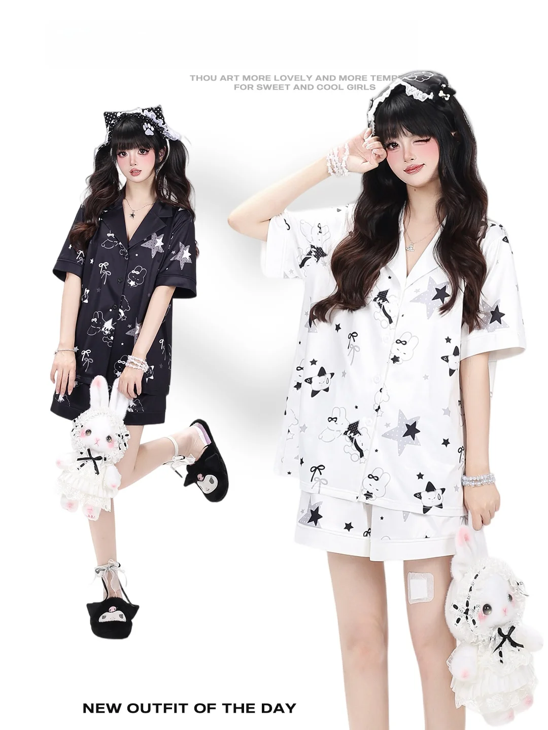 Crazygirl Black White Rabbit Short Sleeve Comfortable Skin-friendly Summer Sleepwear Home Clothes for Girls Teenage Feel