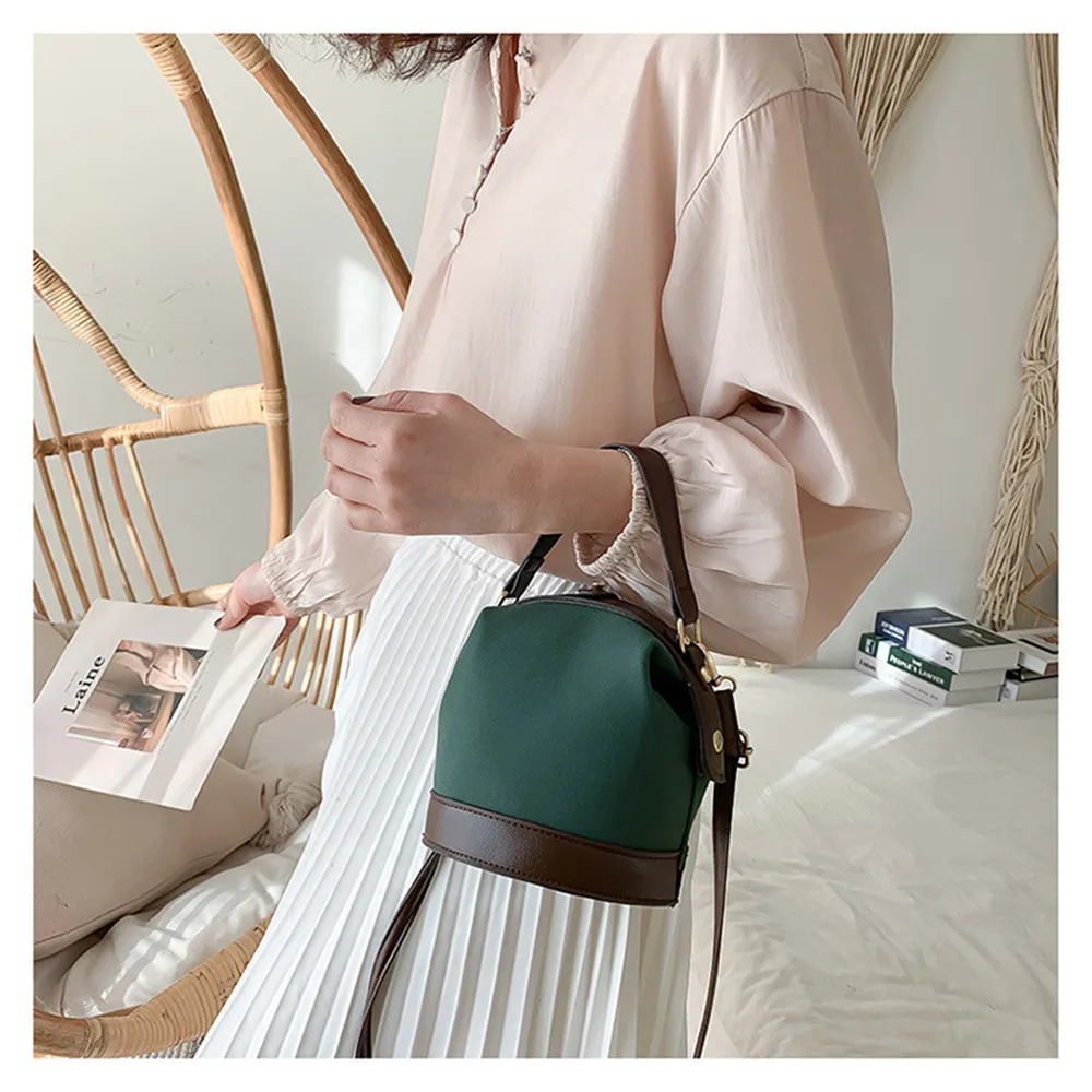 New Vintage Fashion Female Bucket Bag Travel Shoulder Messenger Bag Women Frosted Leather Handbag Metal Buckle Tote Handheld Bag