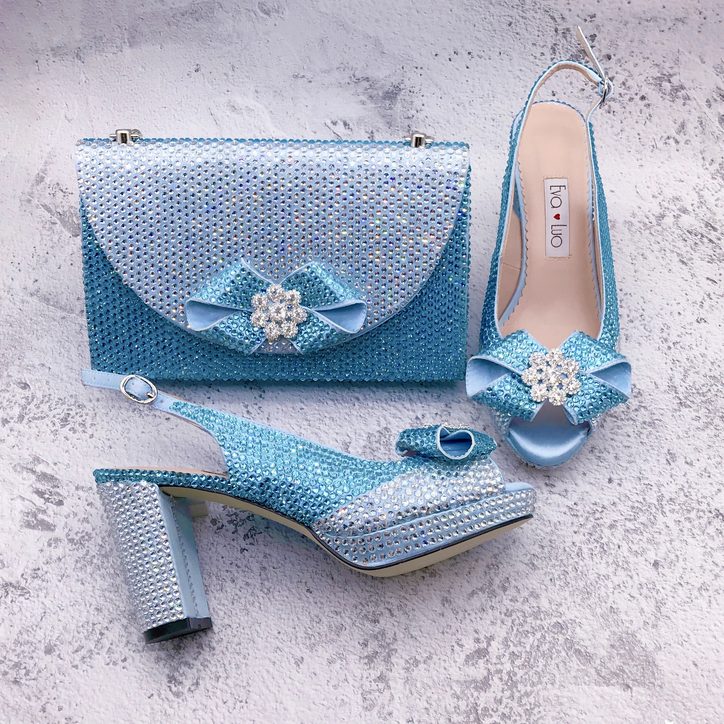 BS1631 New Design Customizable Women Shoes  Wedding Shoes Sky blue Silver Shoes With Matching Bag