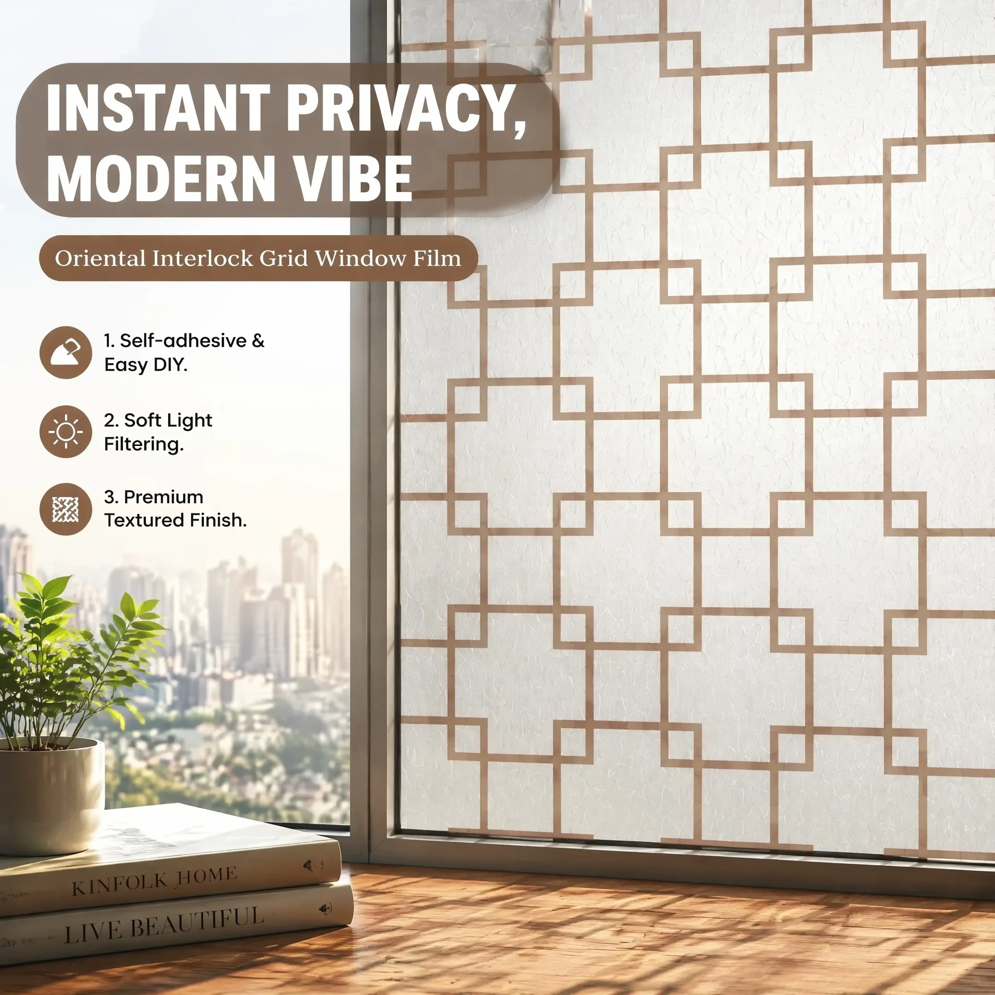 Chinese Lattice Design Self-Adhesive Frosted Window Film Privacy Screen Decorative Home Decor Film