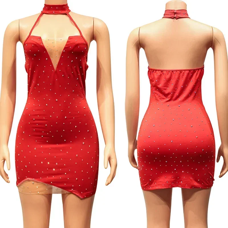 GUWU Glitter คริสตัล Rhinestones ชุดวันเกิดเซ็กซี่ผู้หญิง Sheer ตาข่าย Patchwork Halter Backless Night Club Mini Party Dresses