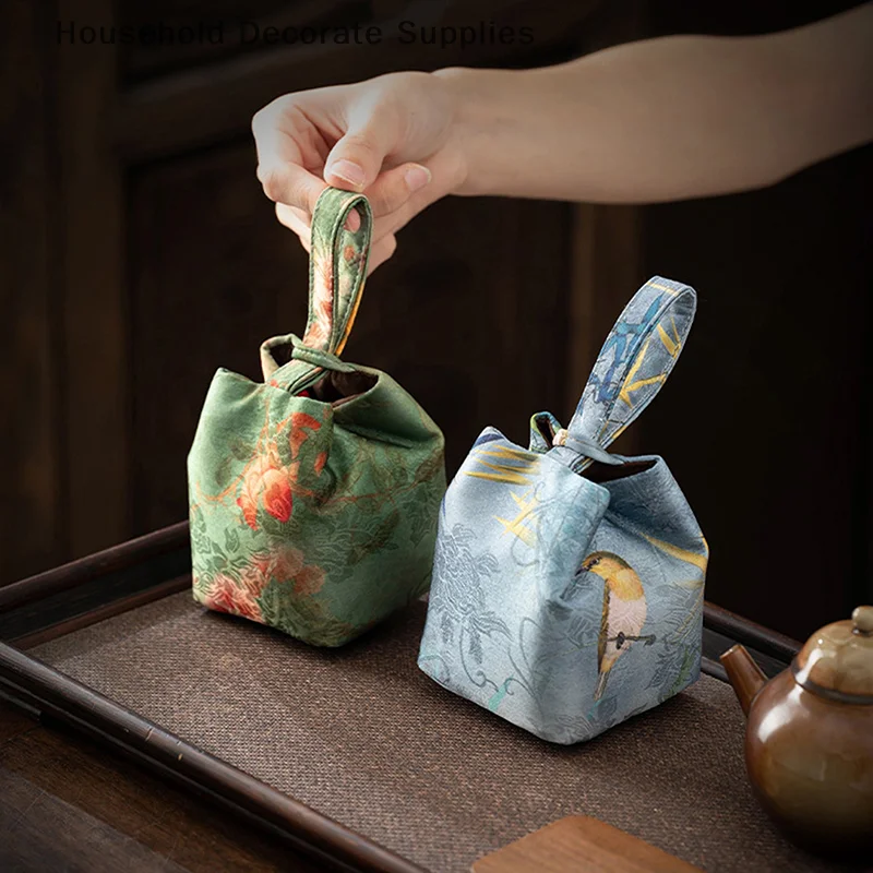 Chinese Style Travel Teacup Storage Bag Drawstring Cloth Pouch Print Teaware Bag Protect Cup Portable Small Item Pouch