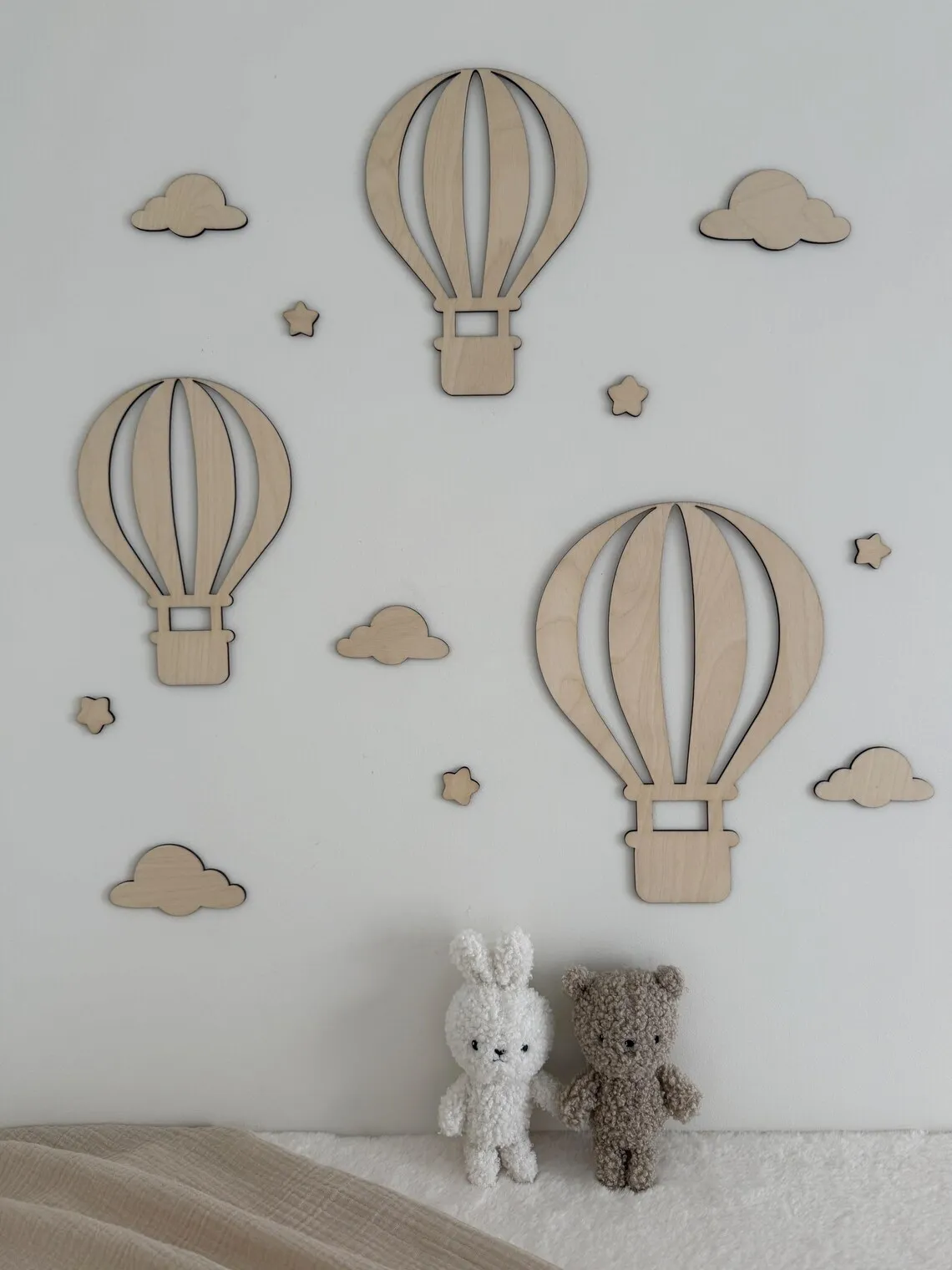 

Hot Air Balloon Wall Decor Set, Nursery Decoration, Wooden Balloons with Clouds and Stars, Kids Wall Art, Baby Boy Room Decor,