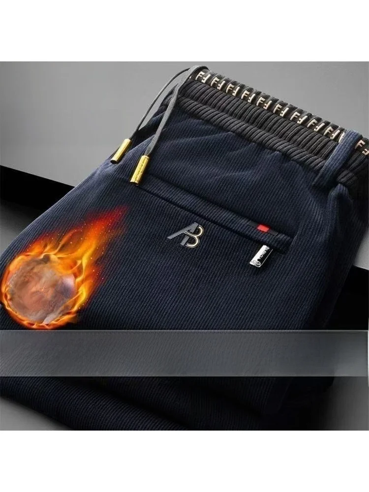Men's Winter Corduroy Pants Thickened Fleece Lined Elastic Waist Sports Long Trousers Casual Straight Leg Pants