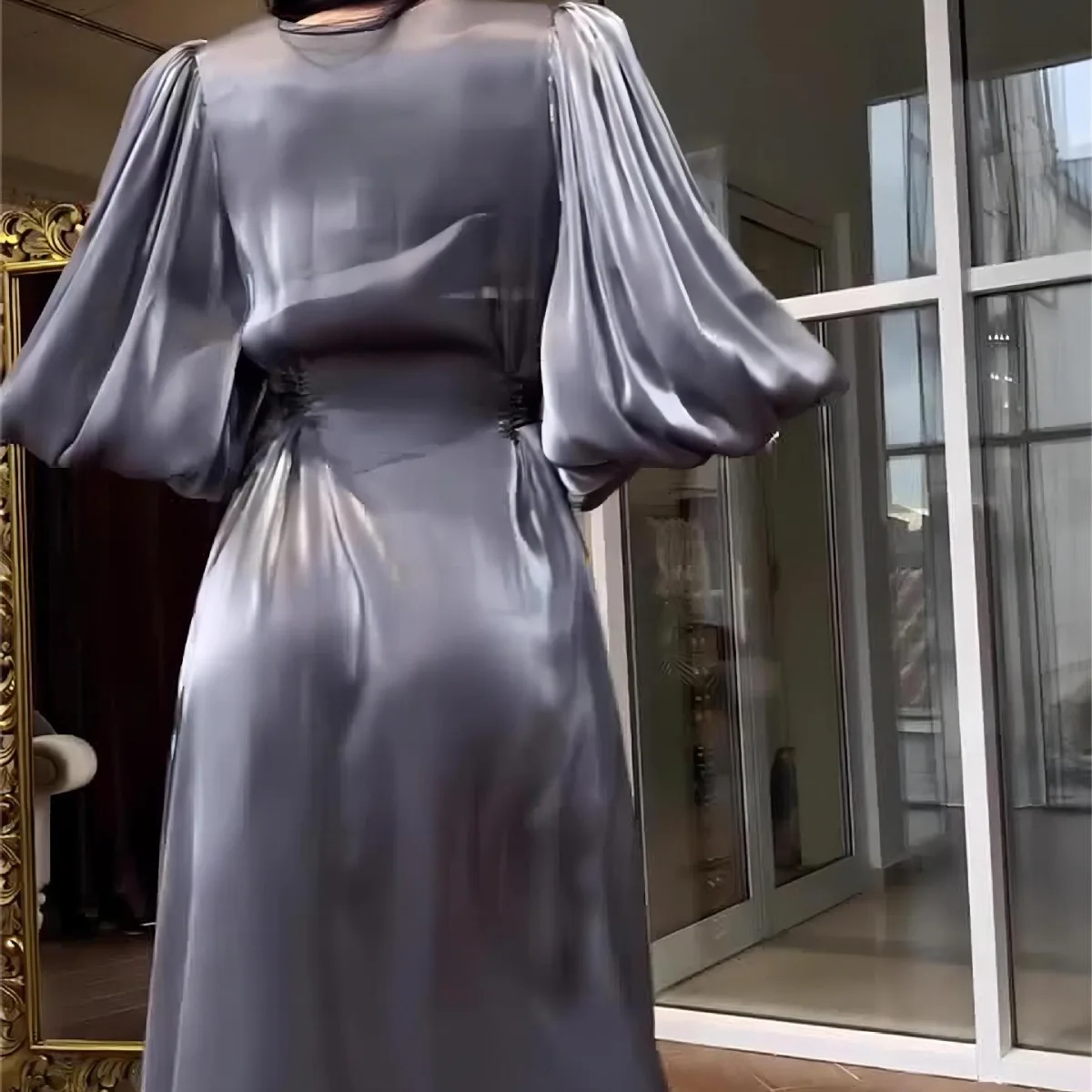 Nowa elegancka satynowa luksusowa koszulka z rękawami na imprezę wieczorowa dla kobiet z długim rękawem szara szata Dubai Abaya Maxi Maxi