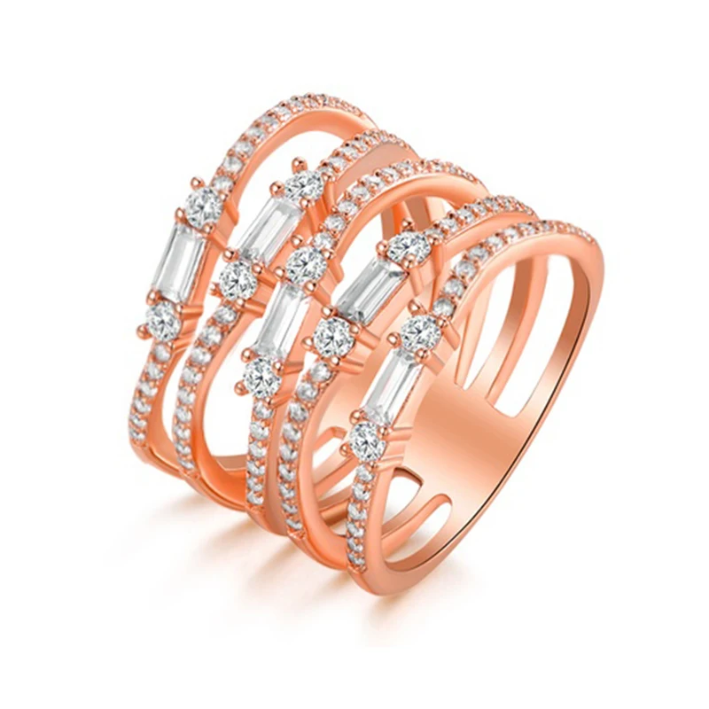 Huitan Stylish Luxury Multilayer Finger Ring Lady Gorgeous Wedding Party Jewelry with Shiny Zirconia Rose Gold Color Accessories