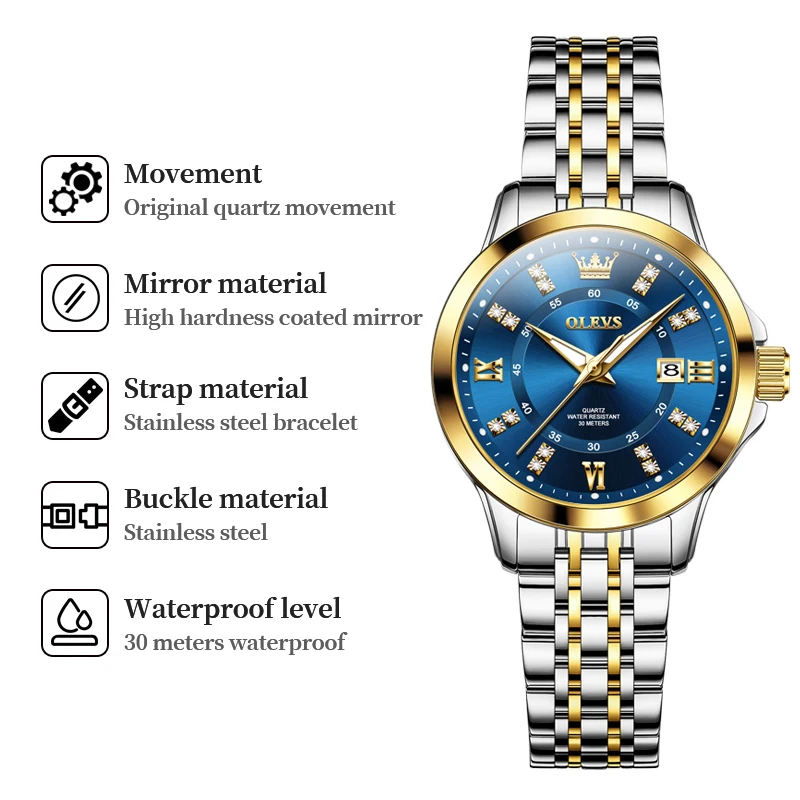 OLEVS-Montres en acier inoxydable pour femme, montres-bracelets étanches pour femme, diamant, marque de luxe, date et semaine, Shoous, 3620