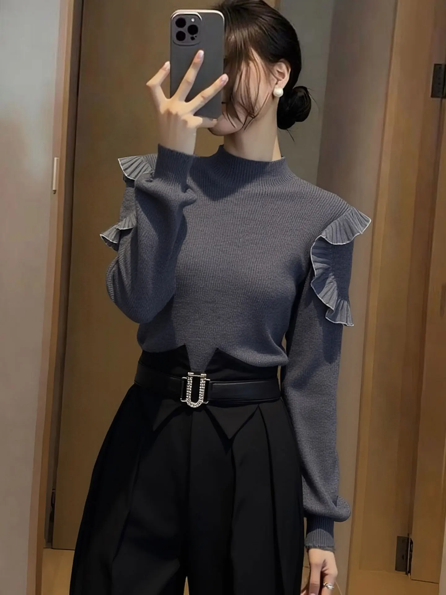 

Женский вязаный топ с высоким воротником Ele Long Sve, базовая модель, весна 2026, для повседневной носки, стандартный крой, средней мягкости