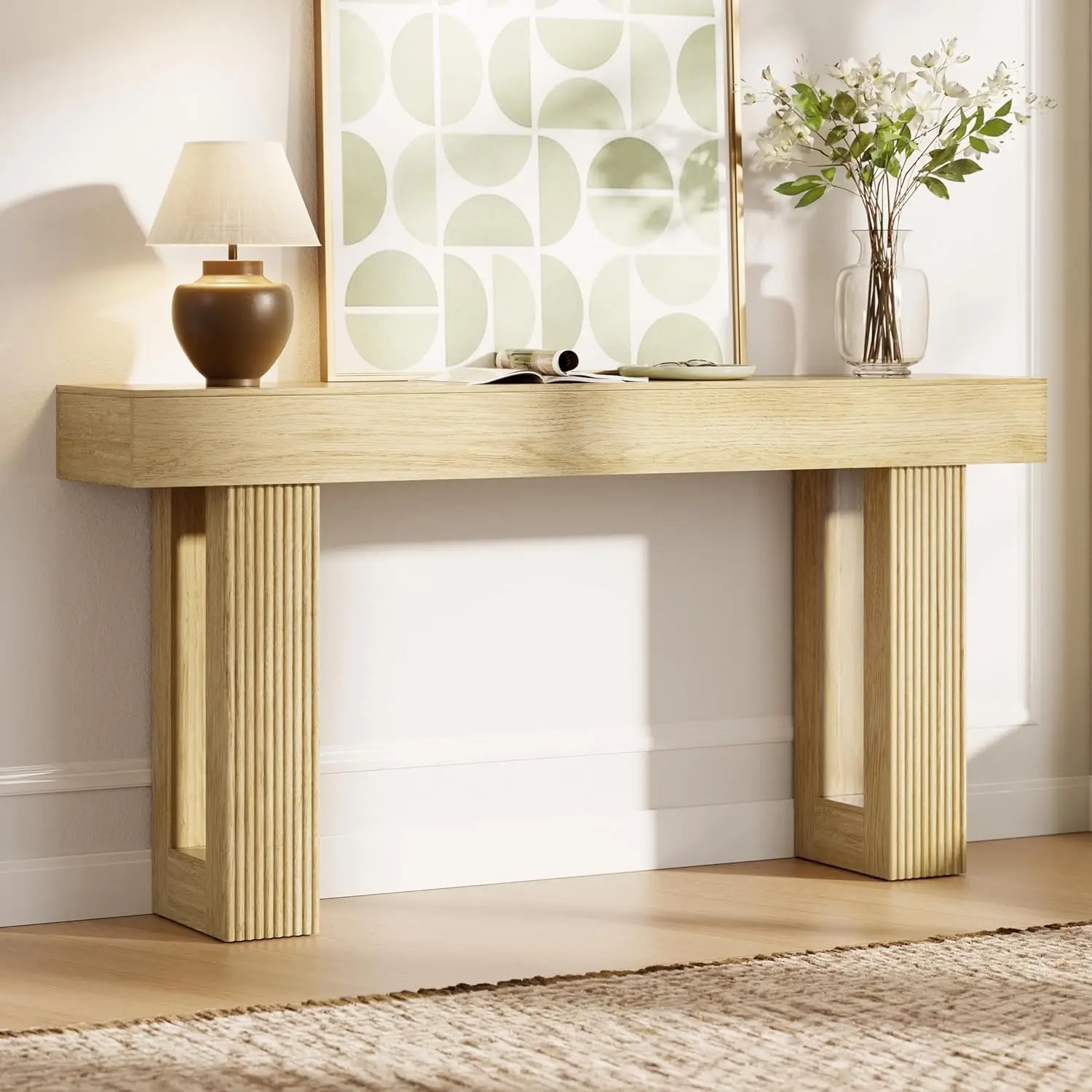 

63" L x 33" H x 12" D Fluted Console Table, Modern Japandi Ribbed Entryway Table, Extra Long Sofa Table Behind, Customized