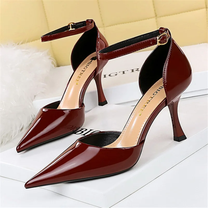 Summer Women 8cm High Heels Burgundy Nude Glossy Leather Sandals Gladiator Nightclub Sandles Lady Middle Heels Ankle Strap Shoes