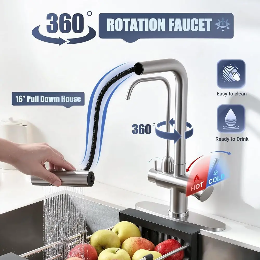 Two-Handle Pull-Down Sprayer Kitchen Faucet with Drinking Water Filter, Brushed Nickel Finish, No Built-In Filtration