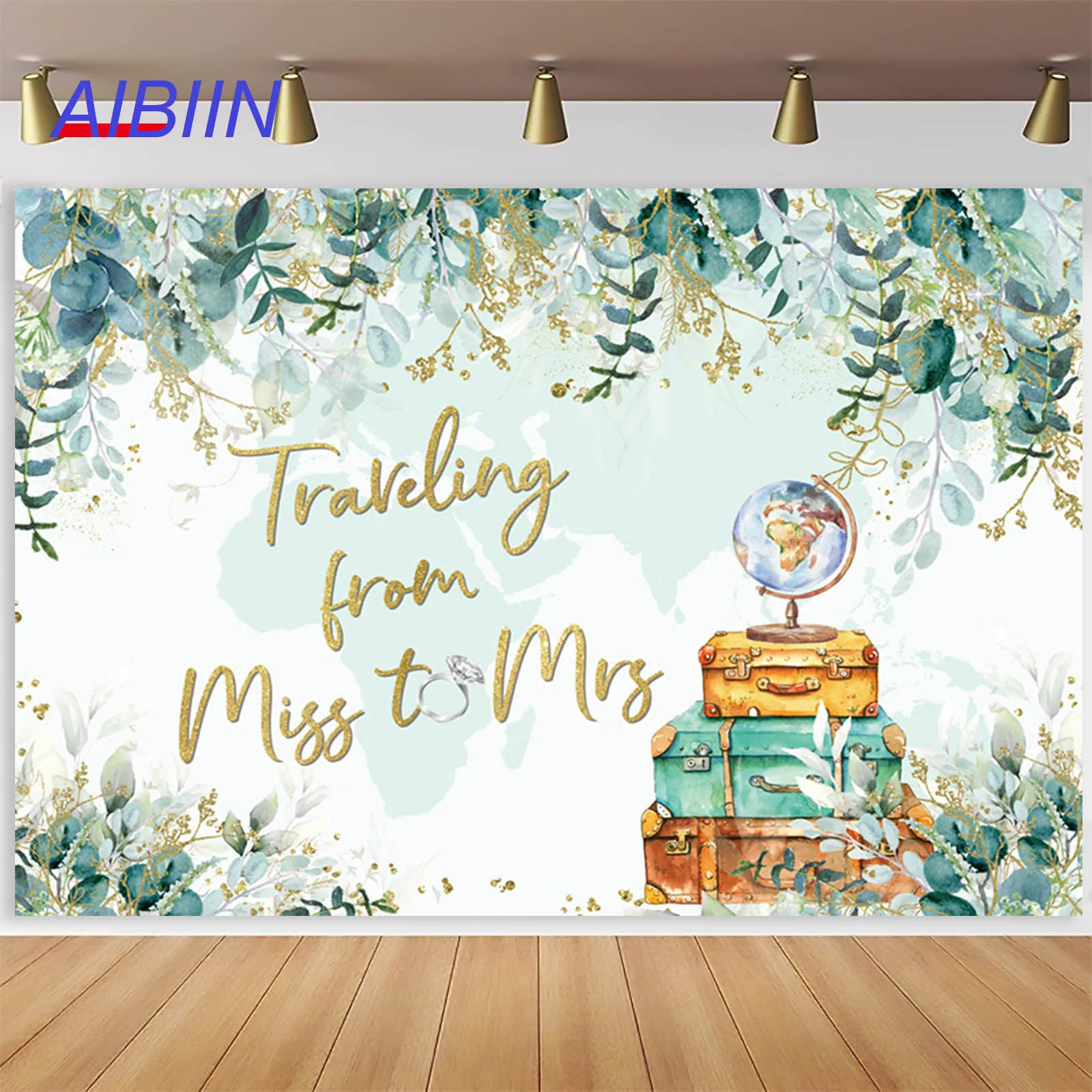 

Traveling from Miss to Mrs Wedding Backdrop Eucalyptus Leaves Flower Adventure Bridal Shower Photography Background Party Decor