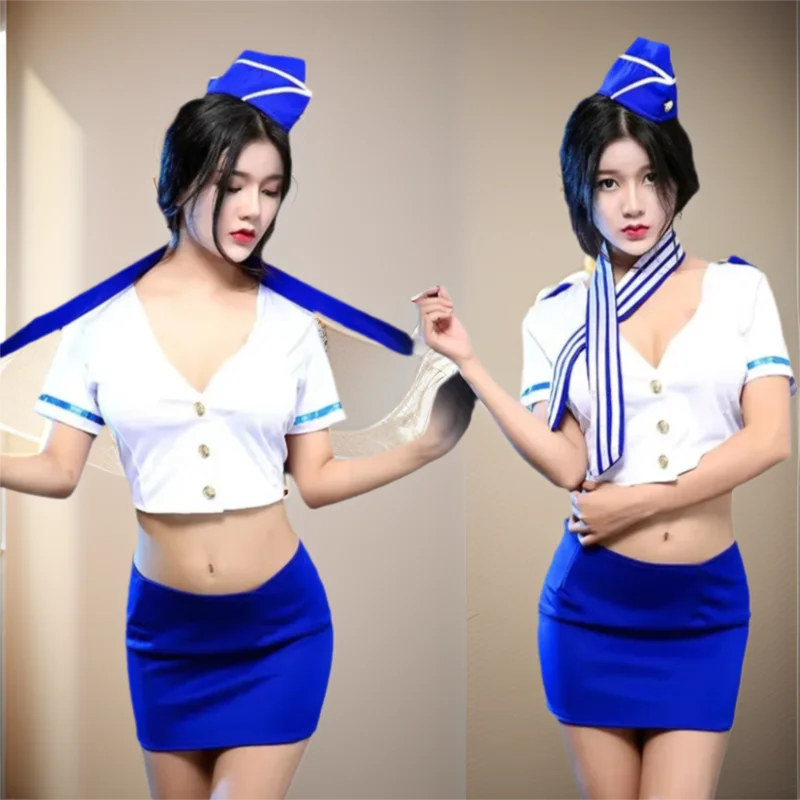 

Women Cosplay Costumes Stewardess Flight Attendant Uniform Role Play Clothes Crop Top + Slim Short Skirt Uniform Temptation Suit
