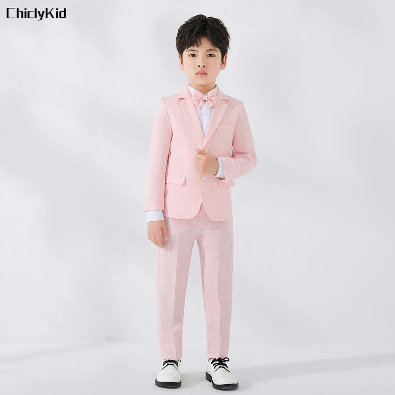 Kids Candy Color Plaid Suits Jacket Pants Toddler Blazer Tuxedos Boys Formal Dress Child Wedding Party Gentlemen Clothes Sets